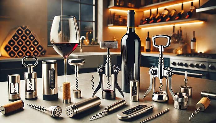 A collection of wine gadgets on a kitchen countertop.